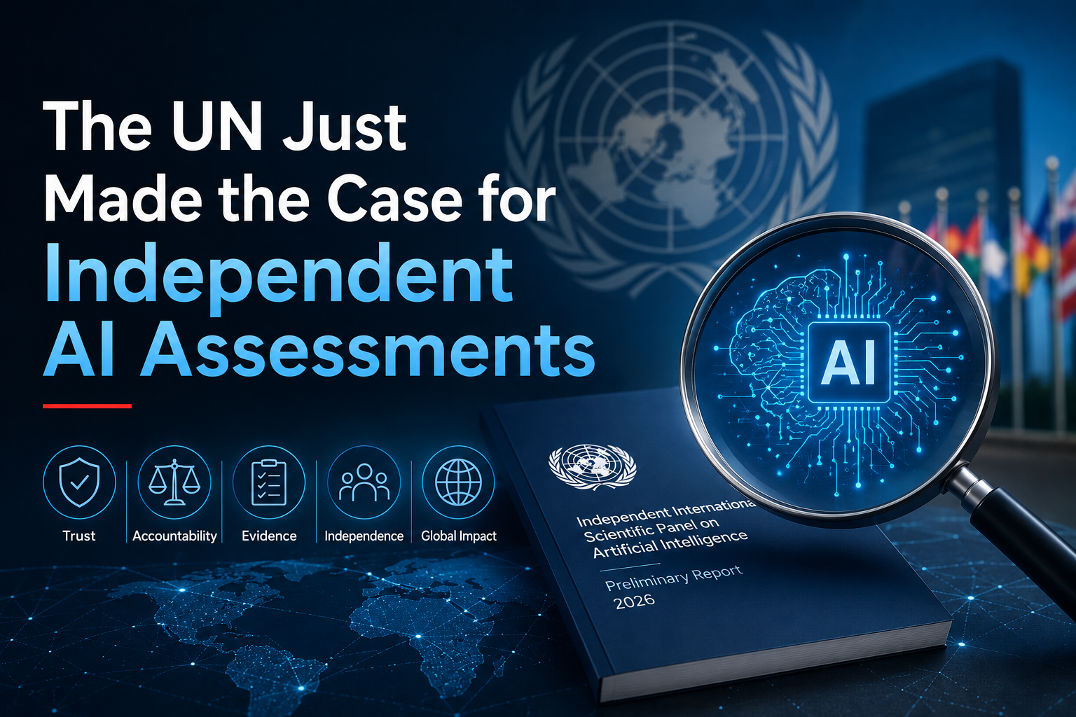 Cover of the UN Independent International Scientific Panel on Artificial Intelligence Preliminary Report 2026, with a magnifying glass over an AI brain chip.